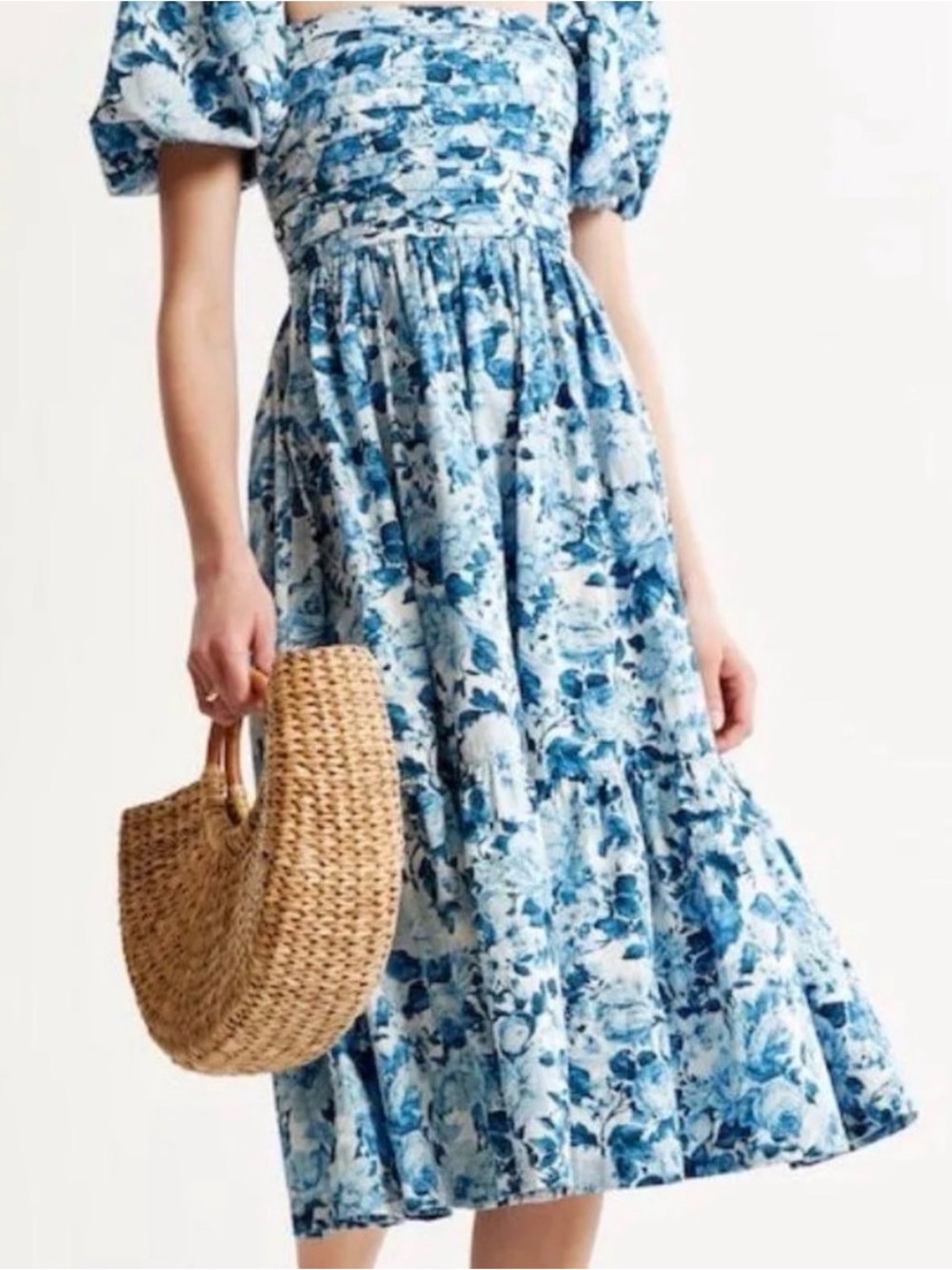 Abercrombie & Fitch Blue Floral Puff-Sleeve Midi Dress